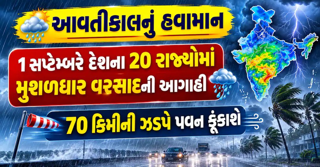 હવામાન એલર્ટ: 1 સપ્ટેમ્બરે 20 રાજ્યોમાં મુશળધાર વરસાદ, 70 કિમી પ્રતિ કલાકની ઝડપે પવન